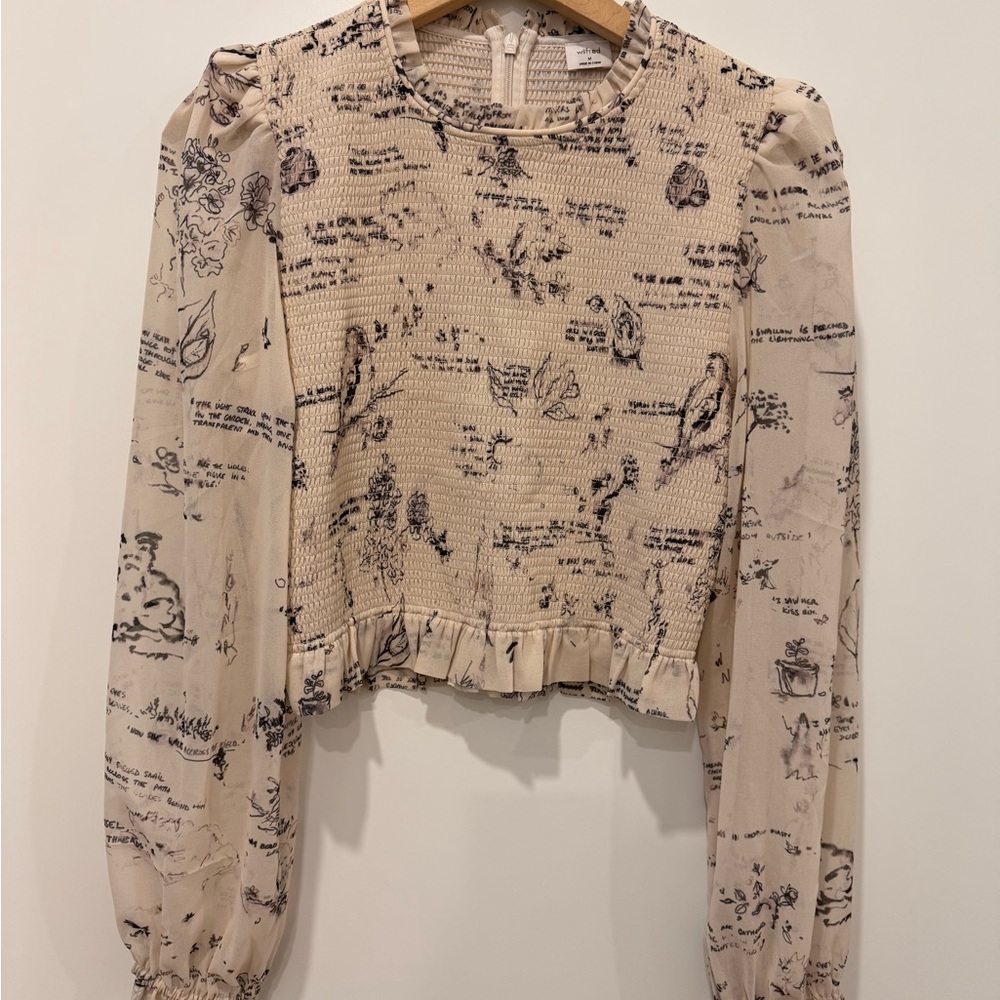 Wilfred Beige Cream Smocked Floral Script Blouse